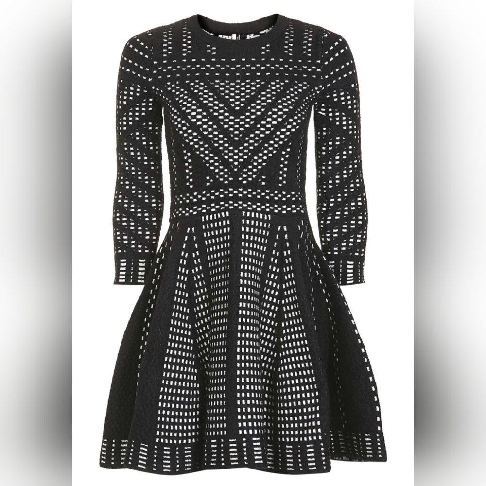 Topshop Size 2 Black and White Heavy Weight Knit Geometric Flare Holiday Dress